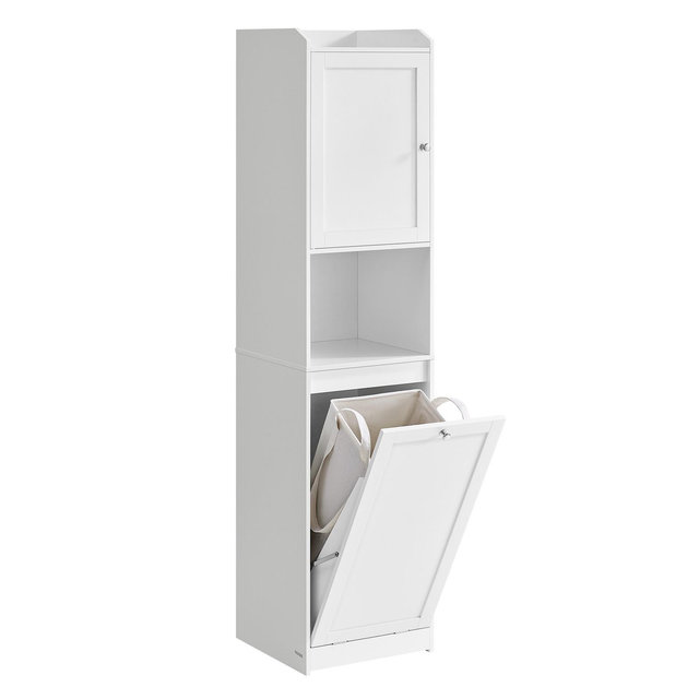 VASAGLE Tall Cabinet with Laundry Basket, Removable Laundry Basket with Handles, Compartment with Door, Linen Tower, Cloud White