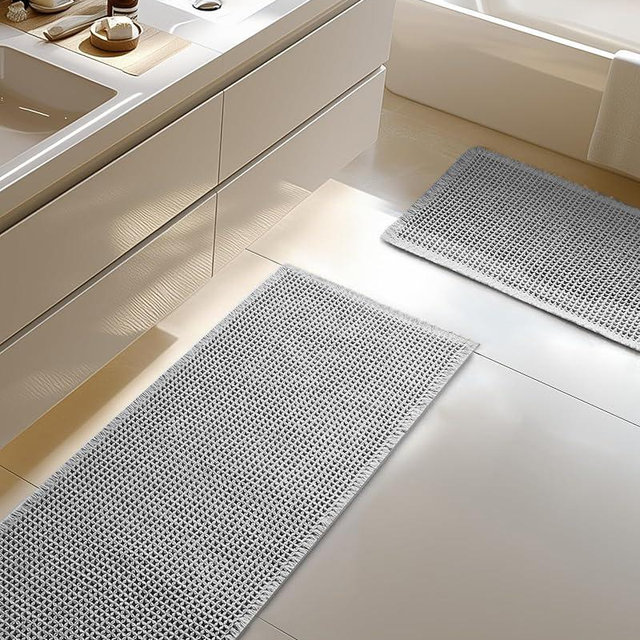 Furicher Large Waffle Bath Mat Set of 2, Non Slip Bath Mats for Bathroom, Ultra Absorbent Bathroom Mat for Bathroom Decor, Washable Kitchen Rugs for Boho Decor, Grey, 20"×47" and 16"×24"