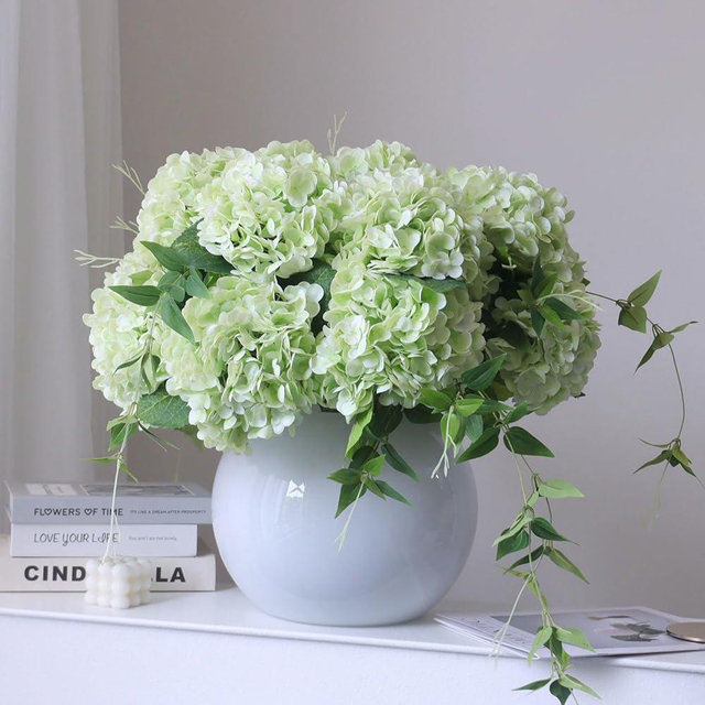 grtefhu 4pcs 21" Faux Green Hydrangeas Artificial Flowers, Real Touch Silk Hydrangea Flowers with Stems for Bridal Wedding Bouquet Party Home Decor