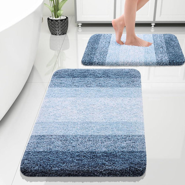 OLANLY Luxury Bathroom Rug Set 2 Piece, Soft Absorbent Microfiber Bath Rug Set, Non-Slip Striped Bath Carpet, Machine Wash Dry, Bath Mats for Bathroom (30"x20"+24"x16", Dark Blue)