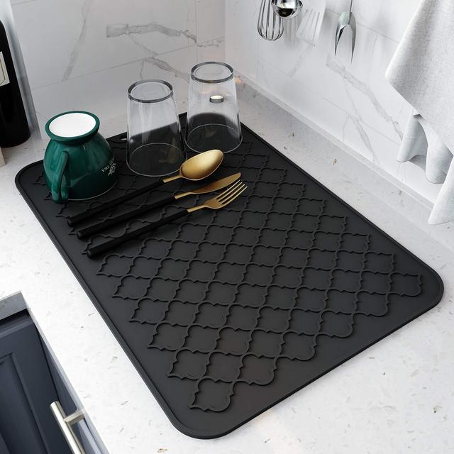 Dish Drying Mats for Kitchen Counter Heat Resistant Mat (12" x 16, BLACK)