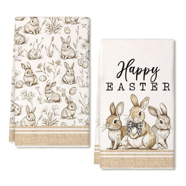 DineDia Beige Bunny Easter Kitchen Towels Set of 2,Rabbits Spring Dish Hand Towels Farmhouse Indoor Outdoor Holiday Seasonal Decorations DD087