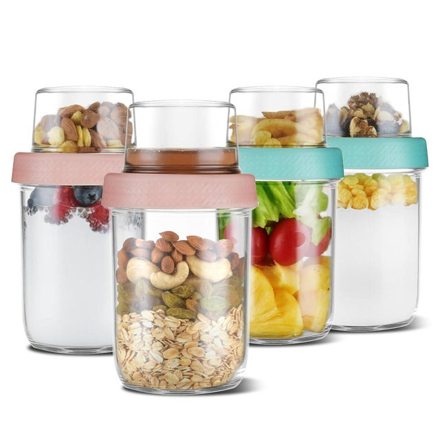4oz 16 oz Glass Overnight Oats Containers with Lids 4Pack, Yogurt Parfait Cups with Dry and Wet Separation, Breakfast Prep Bowl for Cereal Nut Fruit Meal, To Take Along Oatmeal Salad Smoothie Snack