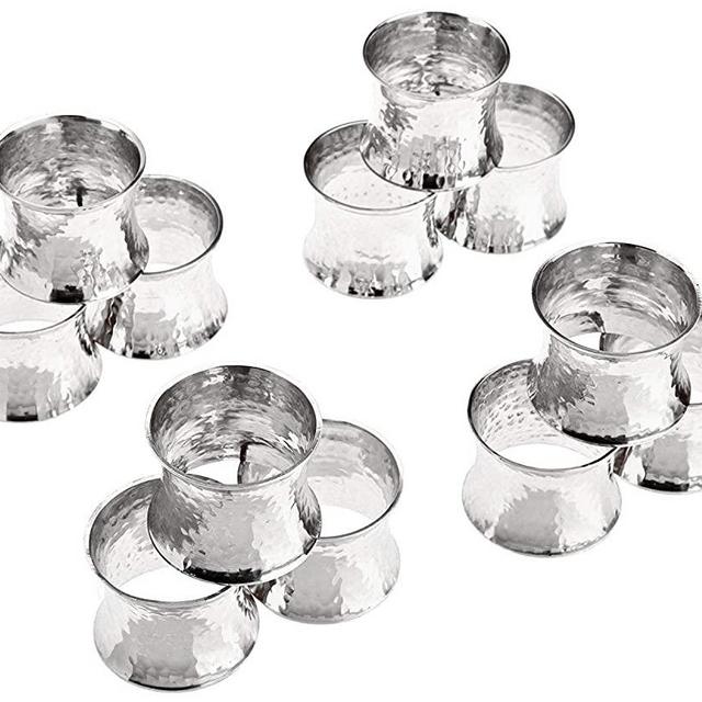 SKAVIJ Napkin Rings Set of 12 for Valentines Day, Dinner Parties, Dining Table Decoration, Family Gatherings Handmade Hammered Napkin Holder (Silver)