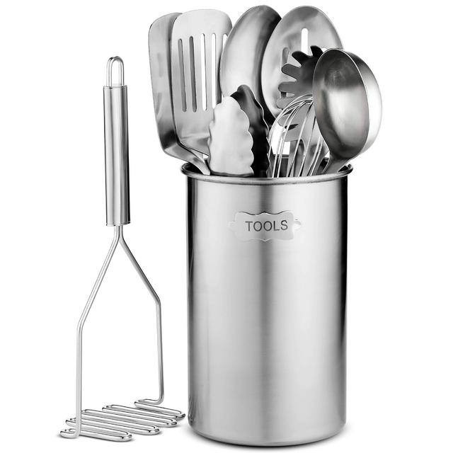 Stainless-Steel Kitchen Utensil Set - 10-piece premium Nonstick Heat Resistant Kitchen Gadgets, Turner, Spaghetti Server, Ladle, Serving Spoons, Whisk, Tongs, Potato Masher and Utensil Holder