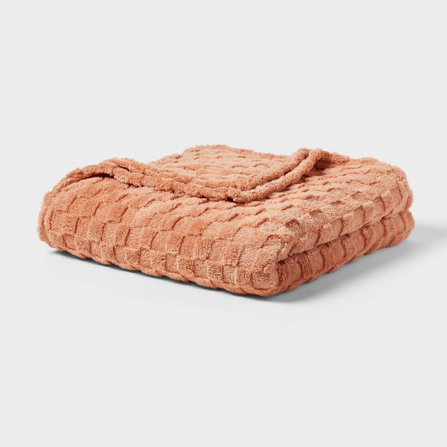 Twin/Twin Extra Long Checkered Faux Shearling Plush Blanket Rust - Room Essentials™