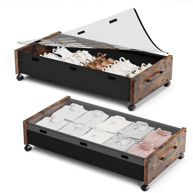 KITHELP Wooden Under Bed Storage with Wheels, Rolling Under the Bed Storage Bins with Removable Lid, Metal Under Bed Drawers for Clothes and Shoes in Bedroom or Living Room(Vintage Brown-2pack)