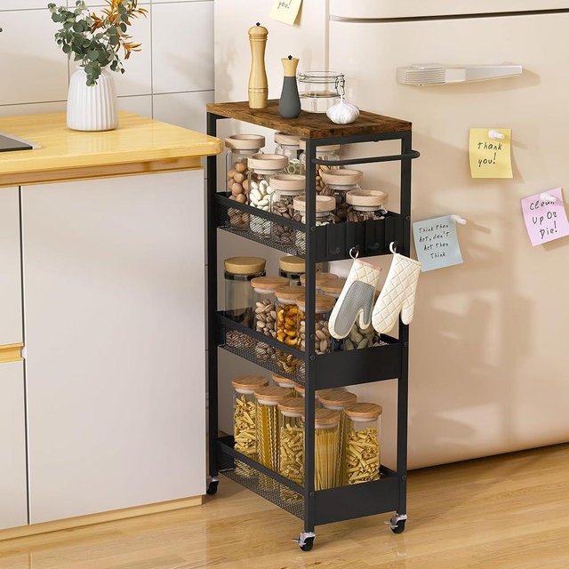 Vincona Slim Rolling Utility Cart, 4 Tier Metal Narrow Storage Cart with Handle and Wood Top, Multifunctional Small Mobile Shelf Unit Organizer Trolley for Laundry, Bathroom, Kitchen