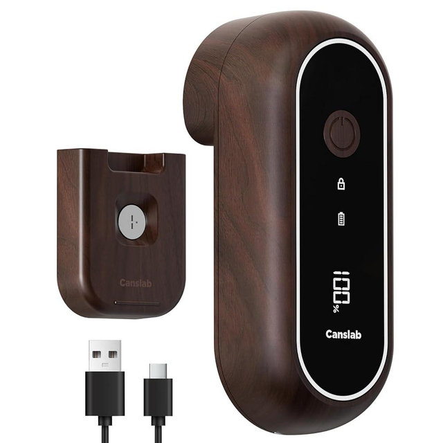 Canslab Turbo - Auto Shut Off Rechargeable Electric Can Openers - LED Battery Display USB Automatic Can Openerfor Kitchen for Seniors with Arthritis - One Touch Side Cut Can Opener Smooth Edge, Wood