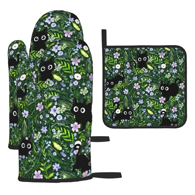 Funny Black Cat Hot Pads and Oven Mitts Heat Resistant,Green Oven Gloves Pot Holders Set for Cooking Baking Grilling BBQ,Cute Cat Lover & Baking Gifts for Women