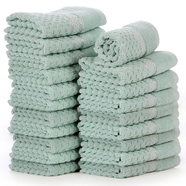 Ample Decor 100% Cotton Washcloths Set of 20 12 X 12 Inch - Highly Absorbent, Popcorn Textured - Mulaayam Collection - Mint Green 20Pcs