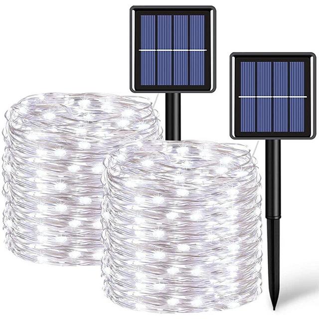 2 Pack Each 33ft 100 LED Solar Fairy Lights Outdoor Waterproof, Silver Wire White Solar String Lights, 8 Modes Solar Christmas Lights