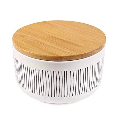 77L Food Storage Canister, 21.28 FL OZ (630 ML) Ceramic Food Storage Canister with Airtight Wooden Lid - Food Storage Jar with Round Bottom for Serving Cookie, Oatmeal, Coffee and More