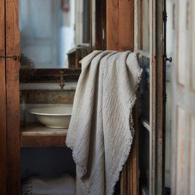 Natural WAFFLE LINEN BLANKET coverlet with fringes