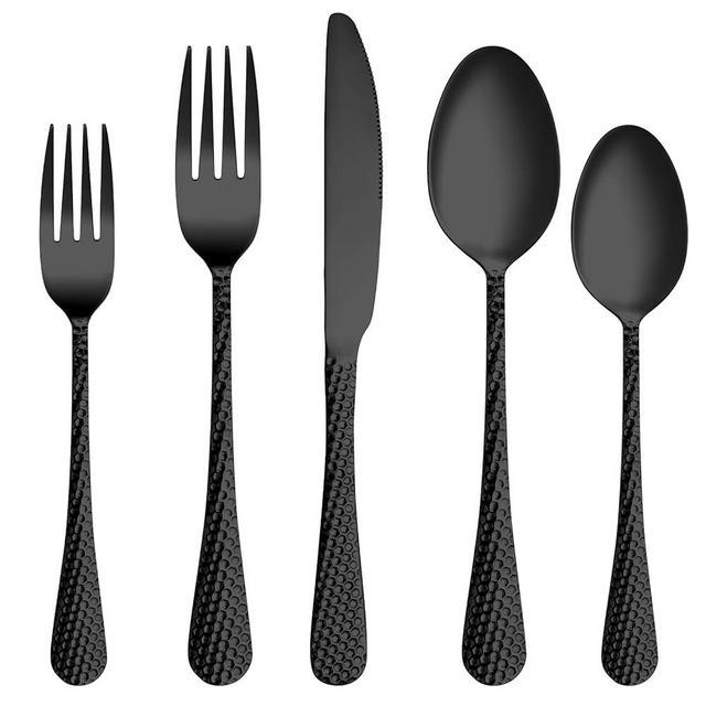 60 Pcs Black Hammered Silverware Set Service for 12,Stainless Steel Flatware Set,Mirror Polished Cutlery Utensil Set,Durable Kitchen Eating Tableware Set,Include Fork Knife Spoon Set,Dishwasher Safe
