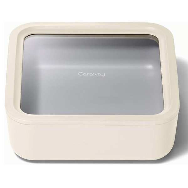 Caraway Glass Food Storage, 10 Cup Glass Container,Ceramic Coated Food Container,Easy to Store, Non Toxic, Non Stick Lunch Box Container with Glass Lids. Dishwasher, Oven,Square Shape,Cream