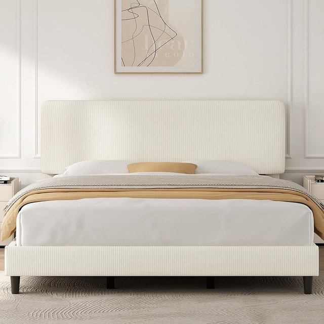 Yaheetech King Bed Frames with Adjustable Headboard, Chenille Fabric Upholstered Headboard/Platform Bed, King Size Bed Frame No Box Spring Needed/Wood Slats Support/Easy Assembly/Beige