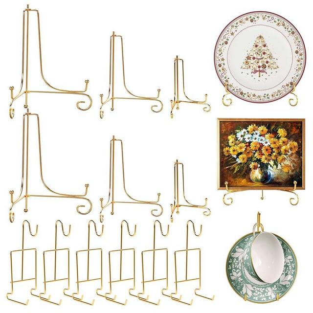 6 Pcs 3 Size Gold Plate Stands for Display, 4 6 8 Inch Plate Holder & 6 Cup and Saucer Display Stand for Displaying Picture Frames, Book, Card, Mug Organizer, Bowl, Decorative Plates, Tablet and Art