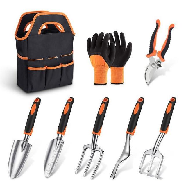 sungwoo Garden Tool Set 8 Piece, Heavy Duty and Lightweight Aluminium Alloy Tools with Non-Slip Ergonomic Handle, Durable Storage Tote Bag, Gardening Hand Tools, for Women and Men Orange