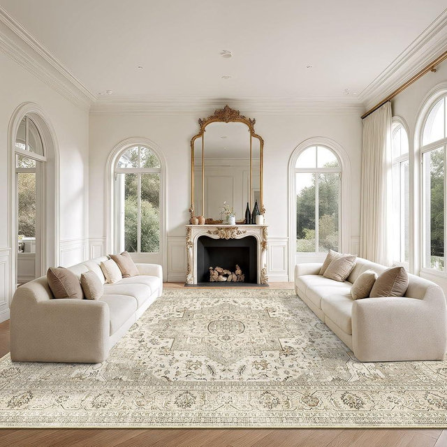 Roxstand Washable Rugs 9x12, Large Area Rugs 9x12 Living Room with Non-Slip Backing, Super-Soft Floral Vintage Rug, Low Pile Area Rug for Bedroom, Dining Room, Office (Ivory/Beige, 9'x12')