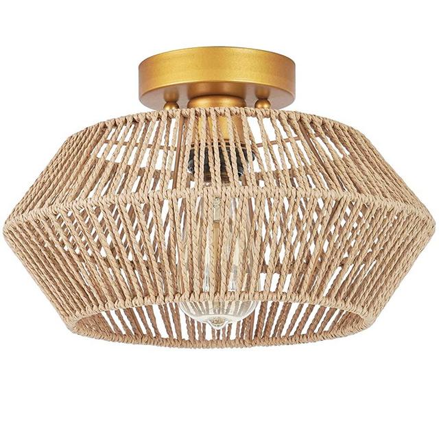 VILUXY Woven Rattan Light Fixtures Ceiling Mount, Hand-Worked Cage Shade Natural Mini Chandelier Antique Brass Brush Paint Finish for Bedroom, Corridor, Hallway, Entryway, Study Room