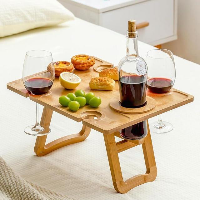 Baffect Picnic Table, Foldable Bamboo Picnic Table with 4 Wine Glass Holders, Portable Cheese and Fruits Board Tray for Camping