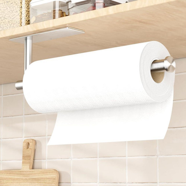 Paper Towel Holder Under Cabinet - 1 Pack Brushed Silver, Self-Adhesive or Drilling Mount, Sturdy Stainless Steel Space-Saving Rack for Kitchen, Bathroom, RV, Rental-Friendly Design