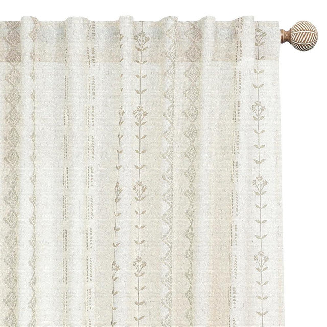 Neutral Farmhouse Curtains for Living Room 84 Inches Long,Taupe Cream Boho Light Filtering Sheer Patterned Modern Beautiful Linen Curtains with Floral Pattern Design Dining Room 84 Length 2 Panels Set