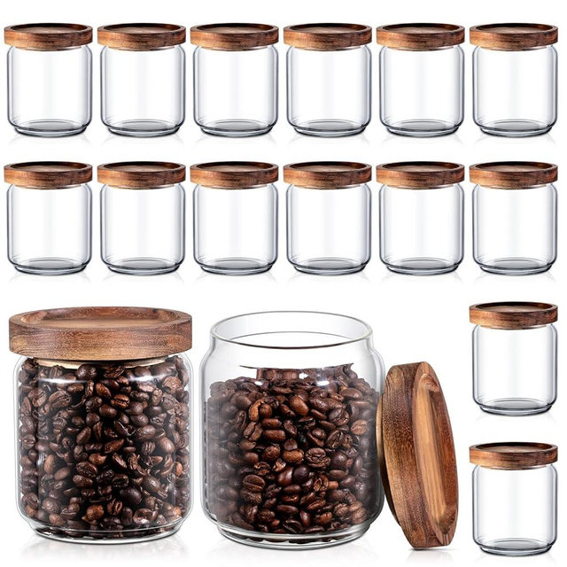 Irenare 16 Pcs Glass Containers Canister Set, 17 oz Food Storage Spice Jars with Airtight Lids, Clear Kitchen Containers for Coffee Sugar Tea Beans Nuts Candy Pantry Organization(Wood)