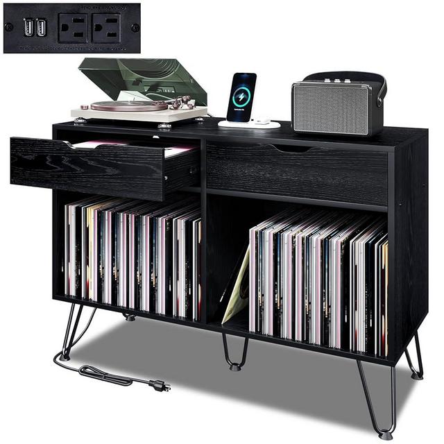 TC-HOMENY Record Player Stand, Double Wide Turntable Stand with Record Storage and Metal Hairpin Legs, Record Player Table Holds Up to 250-350 Albums for Living Room, Bedroom, Office