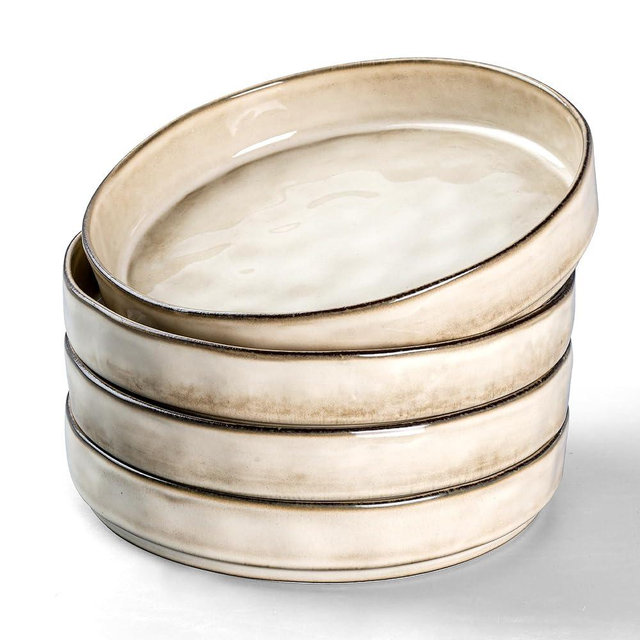 E-far Pasta Bowls Set of 4, 30oz Shallow Salad Bowls for Dinner Serving, 8.25" Stoneware Ceramic Bowl Plates for Noodle Soup, Microwave & Dishwasher Safe, Reactive Glaze, Khaki