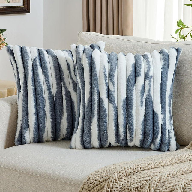 FUTEI Blue White Decorative Throw Pillow Covers 18x18 Inch Set of 2,Soft Tie Dye Faux Rabbit Fur Striped Texture Cushion Covers, Modern Home Decor for Couch Bed Living Room