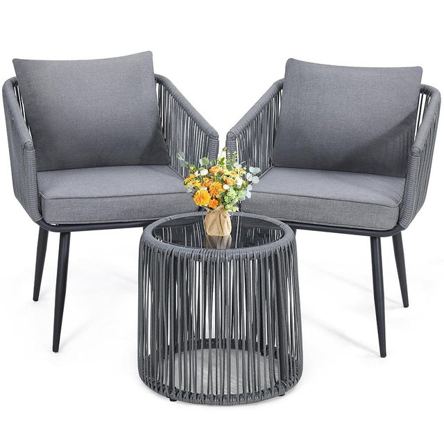 Kromax 3 Pieces Patio Rattan Bistro Conversation Set, Outdoor All-Weather Wicker Furniture Chairs and Side Table Set Ideal for Balcony, Porch and Backyard, Grey