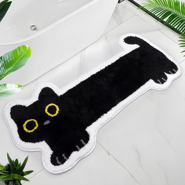 NIGOWAYS Bathroom Rug 47x20,Long Black Cat Bath Mat,Soft Shaggy Absorbent and Non Slip Bath Rugs for Bathroom, Kitchen, Bedroom,Home Decoration Gifts (Black)