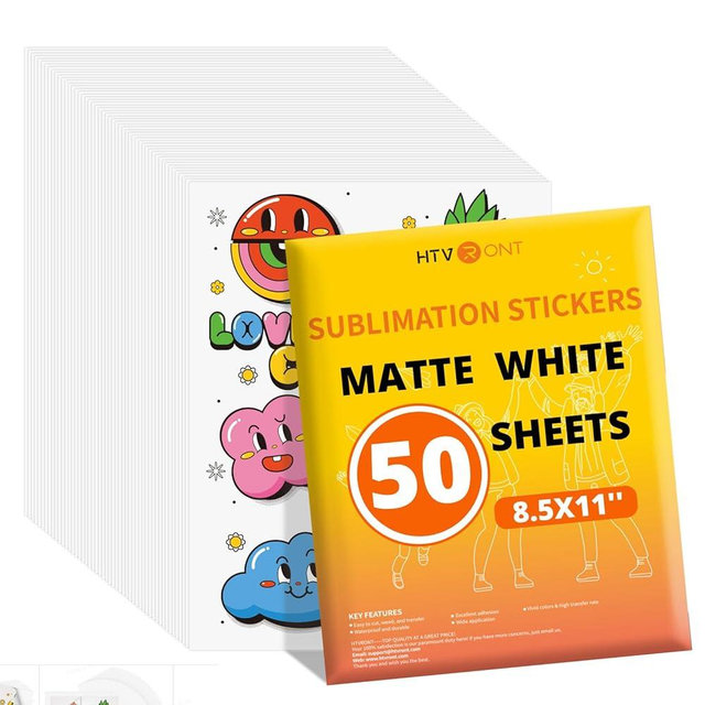 HTVRONT Sublimation Sticker Paper - 50 Pcs Matte Waterproof Sublimation Stickers 8.5 * 11in for Decoration (White)