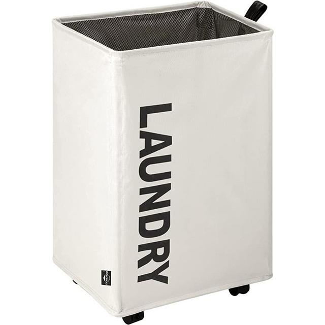 DOKEHOM Large Laundry Basket with Leather Handle on Wheels (4 Colors), Collapsible Laundry Hamper, Foldable Clothes Organizer, Folding Washing Bin (Beige, L)