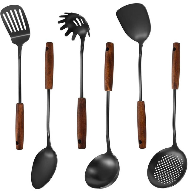 304 Stainless Steel Kitchen Utensils Set, 6 Pcs Long Cooking Utensils Set with Wooden Handle, Large Heat Resistant Kitchen Tools(Black, Dishwasher Safe)