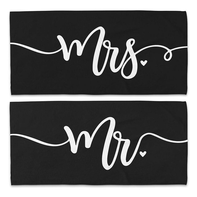 WAITPI Mr and Mrs Beach Towel Set of 2, Honeymoon Wedding Beach Towels Gifts for Newlywed Couple Bride Groom Valentines, Black Towels Oversized Decor for Bathroom 30x60 in