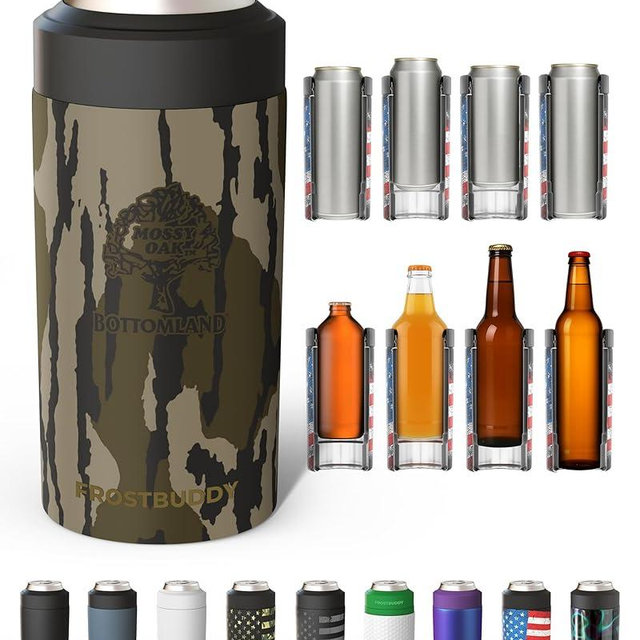 Frost Buddy Universal Can Cooler - Fits all - Stainless Steel Can Cooler for 12 oz & 16 oz Regular or Slim Cans & Bottles - Stainless Steel (Mossy Oak Bottomland)