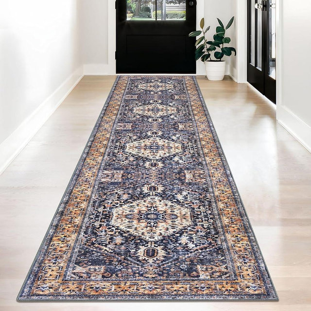 KOZYFLY Runners for Hallways 2.6x12 Ft Extra Long Washable Kitchen Boho Runner Rug for Entryway Indoor Gold/Orange/Navy Printed Faux Wool Stair Runner Floor Carpet Runner for Stair