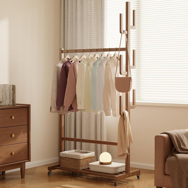 Muwuele Solid Wood Clothing Rack with Wheels and Cactus Hooks, 350 lbs Heavy Duty Garment Rack with Shelf, Easy Assembly, Rolling Rack for Clothes, Coats, Skirts, Shoes, Bags, Walnut