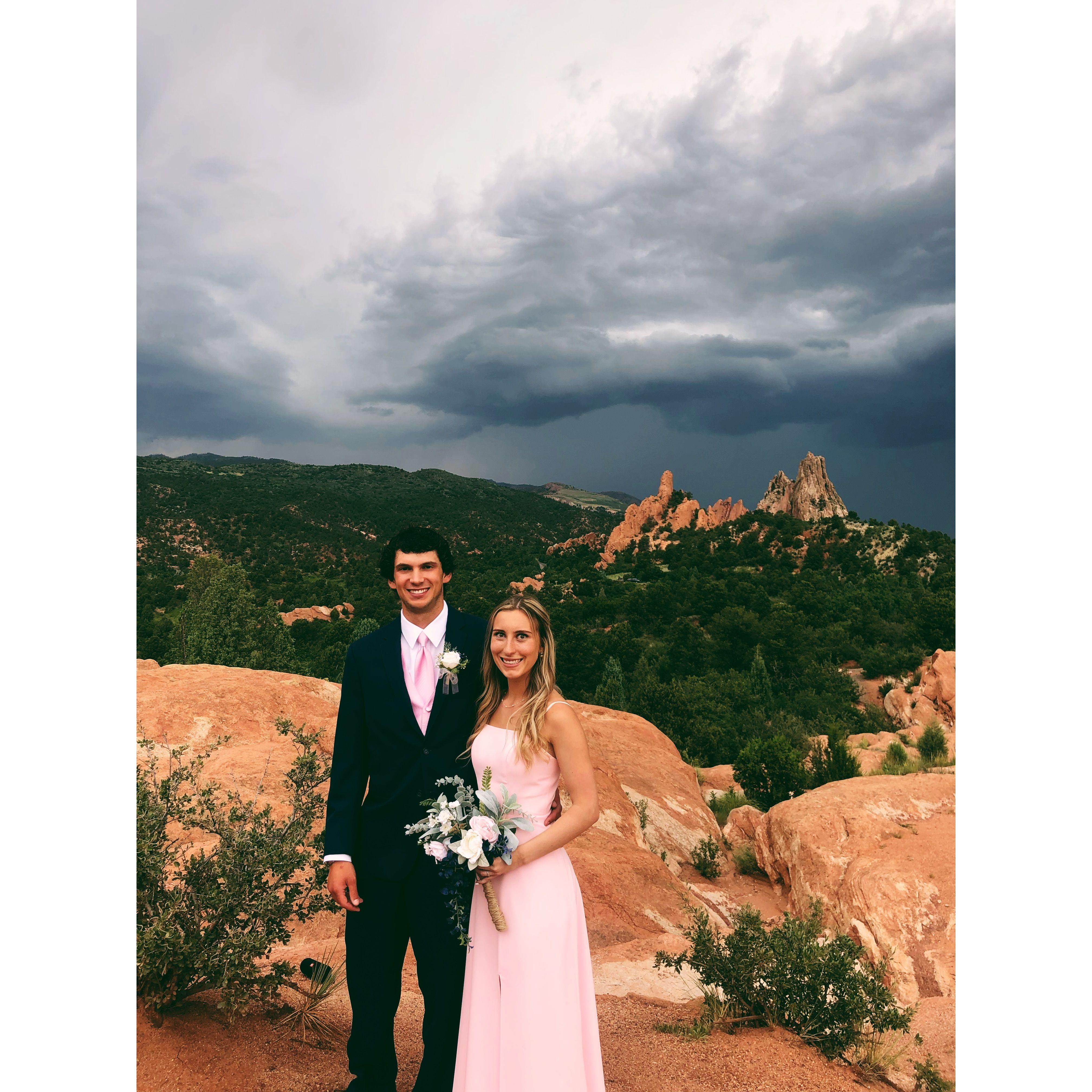 Summer 2021: Garden of the Gods in Colorado Springs. The couple stood by their friends Joseph and Cara Sant'Angelo as they said their "I do's". The Sant'Angelos are standing in the couples wedding.