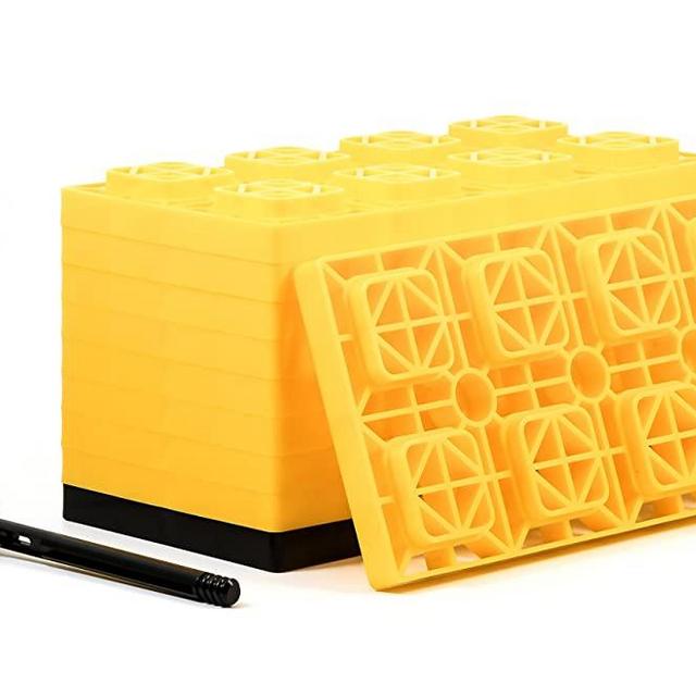 Camco 21023 FasTen 4x2 RV Leveling Block For Dual Tires | Interlocking Design Allows Stacking To Desired Height | Includes Secure T-Handle Carrying System, Yellow (Pack of 10)