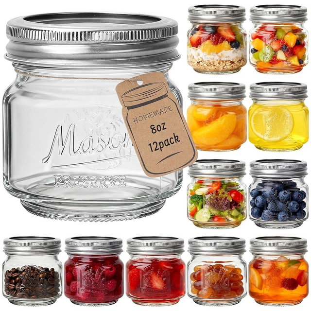 CycleMore 8oz 12 Pack Mason Jars with Silver Metal Lids, Embossed Design Canning Jars, Clear Glass Storage Jars for for Gifts, Jam, Pickling, Crafts, Wedding Favors & Home Decor