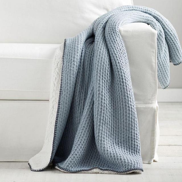 Thermal Knit Sherpa Back Throw, 50 x 60", Heathered Chambray