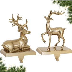 Gold Christmas Stocking Holders for Mantle Set of 2 Reindeer Stocking Hangers Weighted Hooks with Non-Slip Heavy Duty Base for Fireplace Xmas Holiday Party Decoration