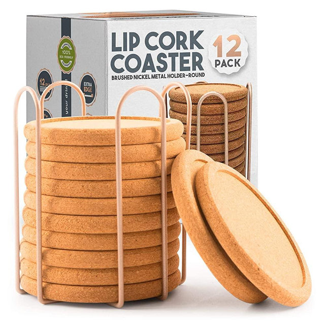 Lip Cork Coasters with Gold Holder | Absorbent Table Rustic Drink Round Cork Suitable for Bar Outdoor and Indoors | Furniture Protectors Fits for Cup Glass Mugs for Beer Wine Cocktail with Caddy