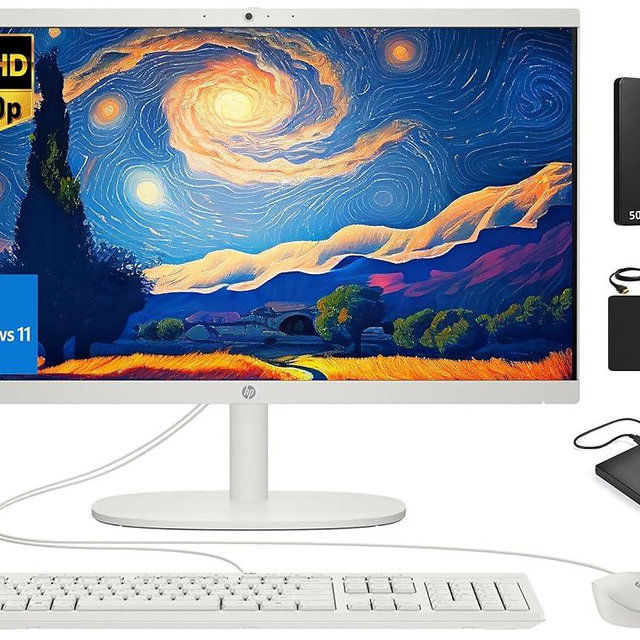 HP All-in-One Desktop Computer 2024, 21.5" FHD Display, 16GB RAM, 1.5TB Storage (1TB SSD+500GB External Drive), Intel Celeron Processor, Webcam, RJ-45, Keyboard &Mouse, Marxsol-DVD +/-RW, Win 11 Pro
