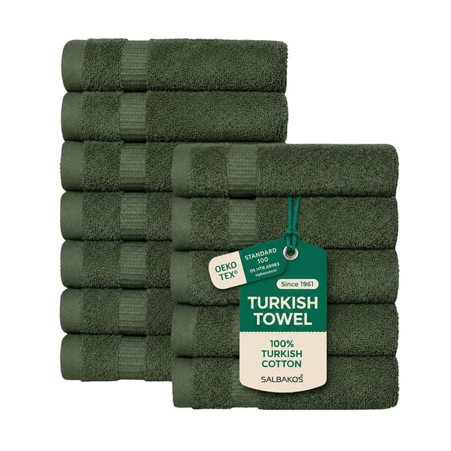 SALBAKOS 100% Turkish Cotton Washcloth Set of 12 13x13 inch | Heirloom Quality | Hotel & Spa Collection | Ultra Soft, Super Absorbent, Washcloth Towels | Made in Turkey (Green, 12 Washcloths)