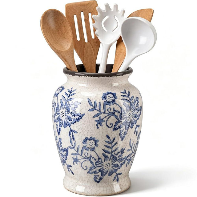 Ferrochef 8 Inch Ceramic Utensil Holder for Kitchen Counter, Modern Vintage Farmhouse Rustic Cooking Utensil Crock for Countertop Cooking & Spoon Tools, Vintage Kitchen Counter Decor
